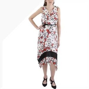 Karl Lagerfeld Floral Print Midi Dress V Neck Sleeveless Black Belted size 6